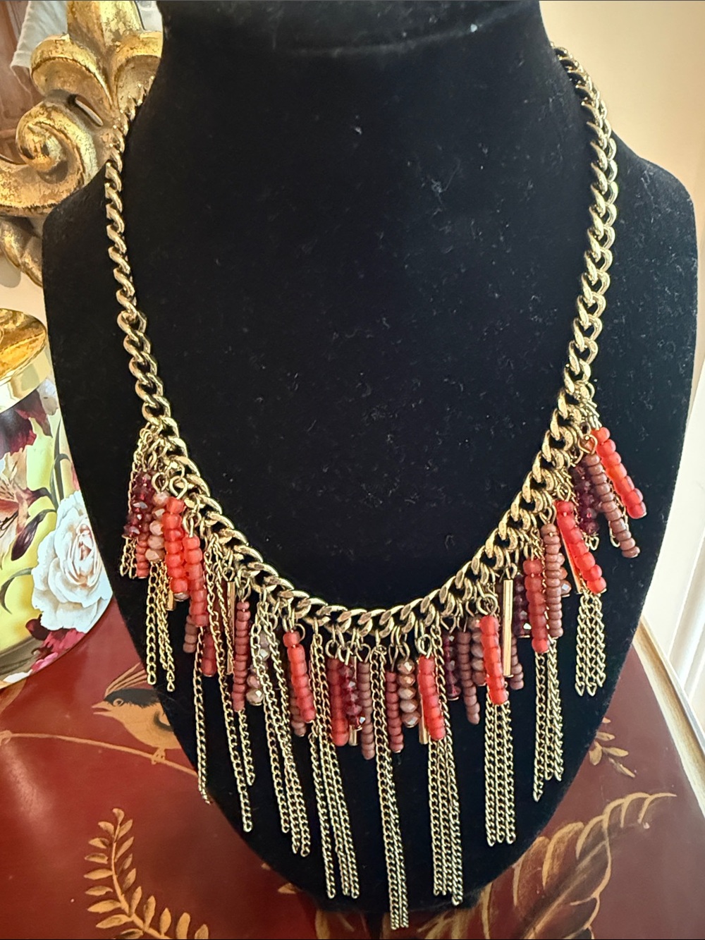 Gold Chain Fringe Necklace with Red Bead Accents